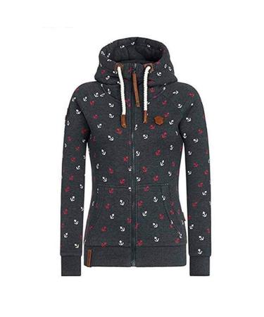 Bigfanshu Womens Hooded Sweatshirts Flocking Thicken Print Jackets Tracksuits Zipper Female Sportswear Black