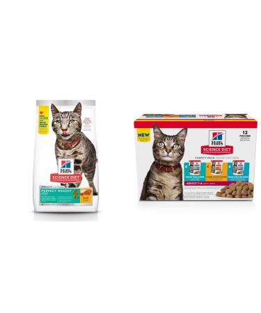 Hill's Science Diet Dry Cat Food Adult Perfect Weight & Canned Cat Food Pouches | Weight Management Bundle