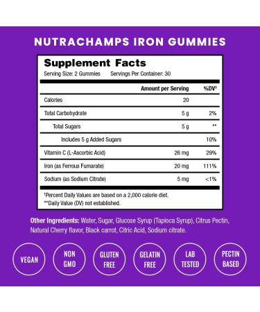 NutraChamps Iron Gummies with Vitamin C 20mg Iron Gummies for All Blood Cell Formation Support Vegan Iron Gummy for Iron Deficiency & Anemia Energy Focus Immune Boost 60 Gummies - Buy Online on GoSupps.com