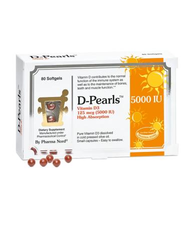 D-Pearls Vitamin D3 5000 IU (125mcg) | Easy-to-Swallow | Chosen for Major Immune Study 1 | Active Vitamin D Supplement in Cold-Pressed Olive Oil for Immune Support Teeth Muscle and Bone Health 80