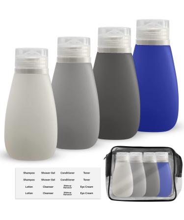 LYOB Leak Proof Silicone (Soft) Refillable Bottles 3oz-90 ml Travel Squeeze Bottles for Toiletries TSA Size Containers for Lotions Shampoos Soaps Sanitizer (4-pack) Bag with Stickers Blue-Black-White-Gray