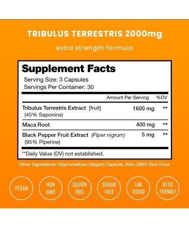 Tribulus Terrestris 2000mg Supplement with Maca & Black Pepper Extract - 90 Vegan Capsules for Men & Women | Extra Strength Saponins for Enhanced Absorption - Buy Online on GoSupps.com