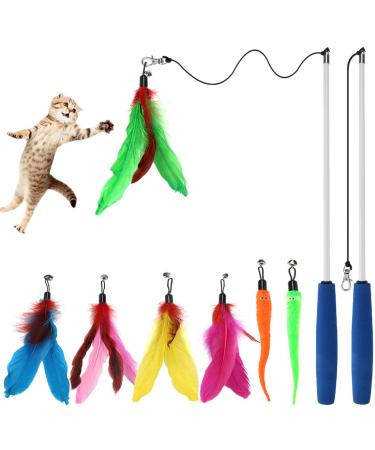 Cat Toys Kitten Toys, Interactive Cat Toy 2pcs Retractable Cat Wand Toy & 7pcs Natural Cat Feather Teaser Toys Refills, Telescopic Cat Fishing Pole Toy for Indoor Cats Gifts, Kitty Toys for Exercise