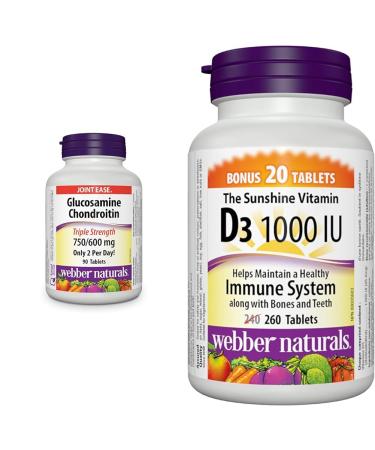 Webber Naturals Glucosamine Chondroitin Triple Strength 90 Tablets & Vitamin D3 1000 IU 260 Tablets For Healthy Bones Teeth and the Maintenance of Good Health