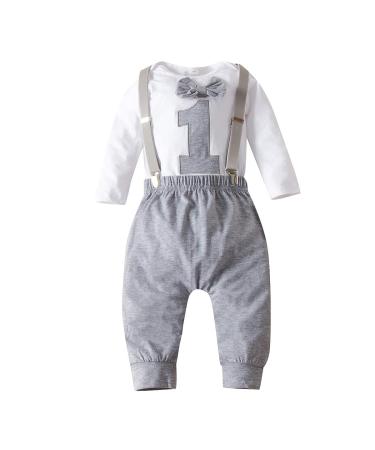 Haokaini Baby Boy First Birthday Clothes Boy Bow Tie Romper Bodysuit Cake Smash Outfits Grey 9-12 Months
