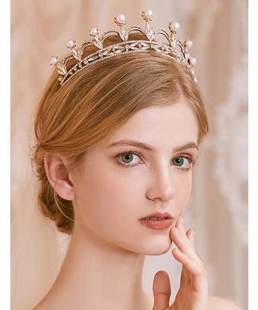 JWICOS Gold Crystal Queen Crown for Wedding Bridal Prom Party Elegant Pearl Tiara Hair Accessories for Brides and Bridesmaid