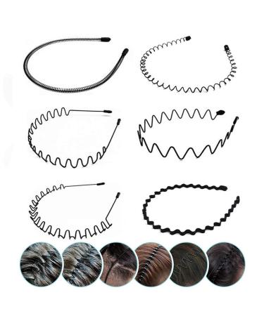 JERLITU Elastic Wavy Spring Wave Hair Band  Multi-Style Black Non-slip Metal Hair Hoop  Unisex Sport Fashion Hair Band Accessories for Women and Men 6 Pcs 6Pcs