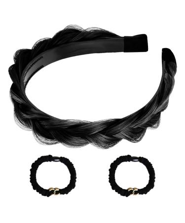 1 Piece Fluffy Braided Headband and 2 Pieces Letter Elastic Hair Accessories Wide Padded Headband Wig Braid Headband Fluffy Invisible Headband (Black)