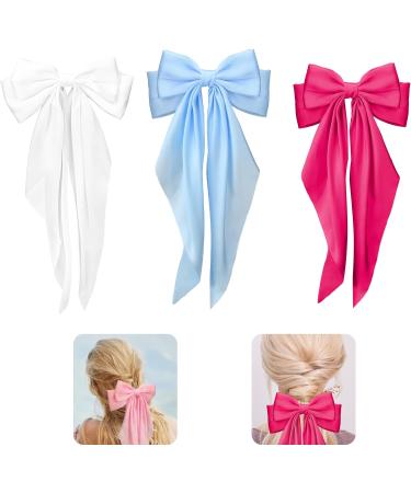 Silky Satin Hair Bows 3 Pcs Large Ribbon Bow Hair Clips Oversized Vintage Soft Long Tail Hair Slides Barrettes with Metal Clips Cute Elegant Bowknot Aesthetic Princess Hair Accessories for Women Rose Pink & White & Blue - Buy Online on GoSupps.com