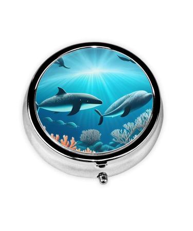 Whales Under The Searound Pill Box 3 Compartment Round Pill Box Organizer Portable Travel Pill Box for Traveling.