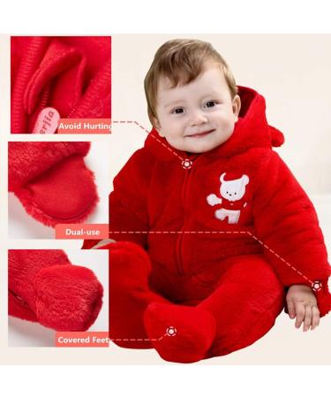 JiAmy Hooded Newborn Baby Romper Snowsuit | Red Fleece Jumpsuit | 0-3 Months - Buy Online on GoSupps.com