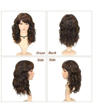 WIGNEE Natural Wave Ombre Brown Curly Bob Wig with Bangs - 14 Inch Shoulder Length Synthetic Wig for Black Women with Mixed Brown Highlights - Buy Online on GoSupps.com