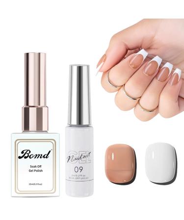 French Manicure Nail Polish White Nail Polish & Dark Nude Gel Nail Polish Set White Liner Gel French Tips Drawing Sheer Jelly Gel Nail Polish Soak Off UV Nail Gel for French Nail Art Painting Color: Dark Nude