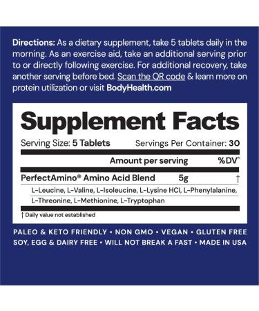 BodyHealth PerfectAmino 150 Ct Tablets - Essential Amino Acids & BCAAs Supplement for Workout Recovery - Vegan Protein with Lysine, Tryptophan, Leucine, Methionine - Buy Online on GoSupps.com