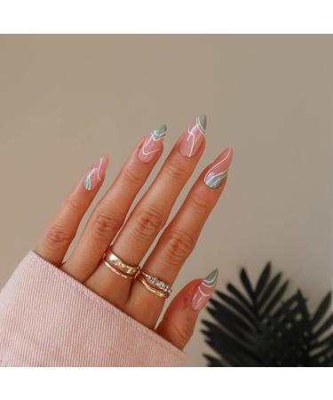 JUSTOTRY 24 Pcs Almond False Nails Short Wavy Press on Nails Pattern Swirl Fake Nails Short with Nail Glue Olive Green French Stiletto Stick on Nails for Women Nails Fake Nail for Nails Art teal2 - Buy Online on GoSupps.com
