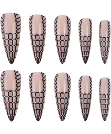 Justotry 24 Pcs Tartan Stiletto Fake Nails - Long Black French Press on Nails with Beautiful Pink Almond Patterns - Acrylic Extra Long False Nails for Women with Glue - Nail Art Black & Stiletto - Buy Online on GoSupps.com