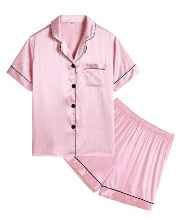 SWOMOG Kids Silk Pyjamas Girls Boys Short Sleeve Satin PJs Sets Button-Down Silky Nightwear Children Sleepwear Teens Age 4-16 10-11 Years Pink
