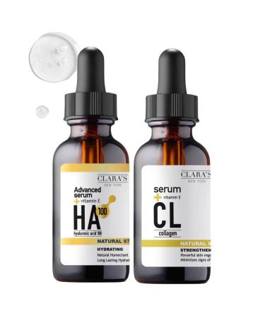 Clara's New York Hydrating Hyaluronic Acid Serum Face Bundle with Collagen Serum 1 Fl Oz each Daily Hydration Skincare Duo Gift Set (2 Items)