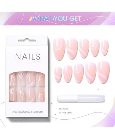 Almond Shape Cute Swirl Design Press On Nails - 24 Nail Kit with Glue, Reusable & Easy Nail Extensions - Buy Online on GoSupps.com