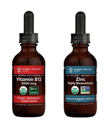 Global Healing Center Tri-Blend 5000mcg & Zinc Kit-Sublingual B12 Vitamin Drops for Thyroid and Energy Mood Heart Health & Organic Liquid Supplement Supports Immune System & Cell Growth-2 Fl Oz Each