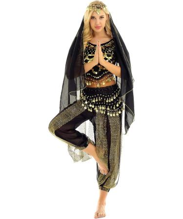 Moily Women's Indian Belly Dance Costume Set - Lantern Sleeves Coins Tops, Harem Pants, Hip Scarf - Black, One Size - Buy Online on GoSupps.com