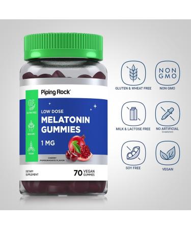 Piping Rock Melatonin Gummies 1 mg | 60 Count | Cherry Pomegranate Flavor | Low Dose | Adult Supplement | Vegan Formula | Non-GMO Gluten Free - Buy Online on GoSupps.com