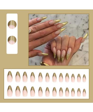 Justotry 24 Pcs Short Gold French Press on False Nails Set with Nail Glue - Pretty Glossy Fake Almond Nails for Women - Buy Online on GoSupps.com