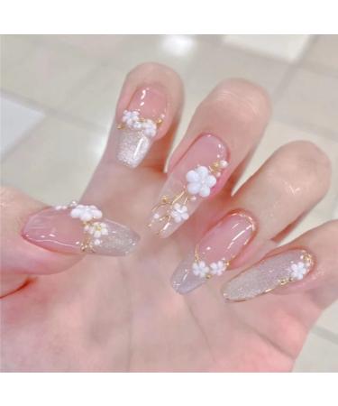 RUNRAYAY Flower Press on Nails with Sequins Design Fake Nails Golden Lines for Spring Summer Nude False Nails Stick on Nail for Women Girls DIY Nail Manicure