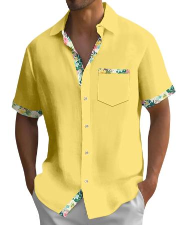 Rosennie Hawaii Shirt Men - Vintage Tropical Flowers Patchwork Cuba Shirt with Pocket | Loose Beach Shirt for Summer Vacation - Yellow - Buy Online on GoSupps.com