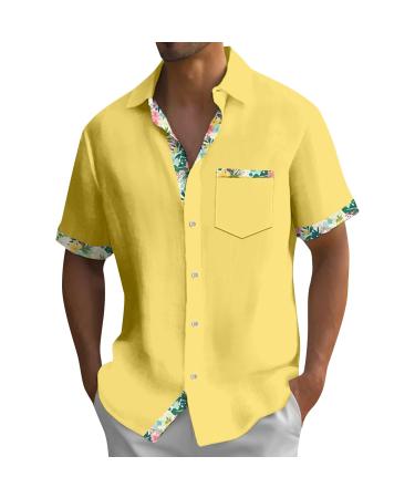 Rosennie Hawaii Shirt Men Revers Tropical Vintage Flowers Patchwork Cuba Shirt With Breast Pocket Short Pocket Loaning Shirts For Men Loose Beach Shirt Regular Fit Vacation Shirt Summer Shirt Yellow