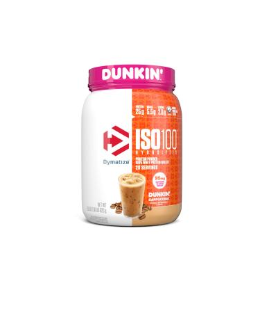 Dymatize ISO100 Hydrolyzed 100% Whey Isolate Protein Powder in Dunkin' Cappuccino Flavor  25g Protein  95mg Caffeine  5.5g BCAAs  Gluten Free  Fast Absorbing  Easy Digesting  21.5 Oz Dunkin' Cappuccino flavor 20.0 Servin...