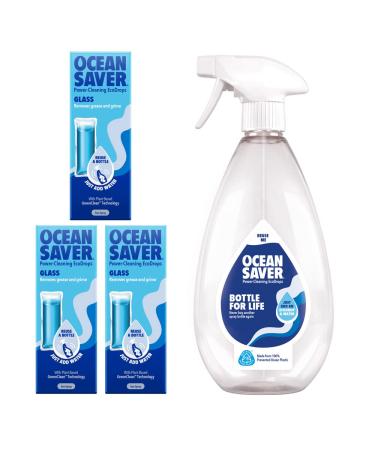 OceanSaver Glass Cleaner Starter Kit Power Cleaning Solution for all Glass Surfaces to Remove Grease & Dirt Just Add Water - 3 x Sea Spray Scented Eco Drop Refills 1x 750ml Bottle for Life Starter Kit Glass