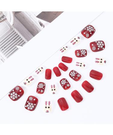 Brishow Christmas Snow Elk Press on False Nails - Red Short Square Fake Nails for Women & Girls (24pcs) - Buy Online on GoSupps.com