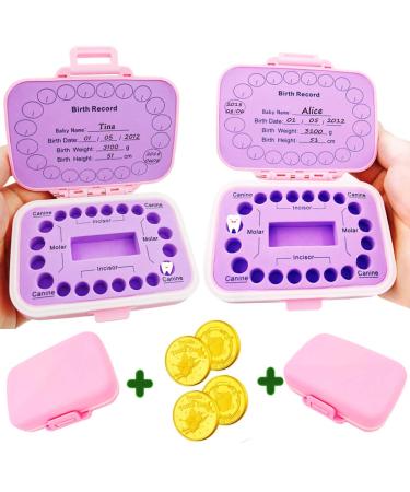 Baby Teeth Keepsake Box, Tooth Fairy Box, Lost Deciduous Tooth Collection Organizer with 4pcs Tooth Fairy Golden Coin, Save Children Teeth to Keep The Childhood Memory (Pink+Pink) Pink + Pink