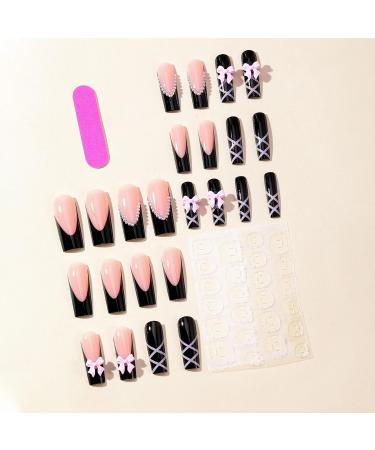 24Pcs Black French Tip Coffin Press-On Nails | Stylish Pink Fake Nails with Bow & Pearl Charms | Glossy Full Cover Acrylic for Women  - Buy Online on GoSupps.com
