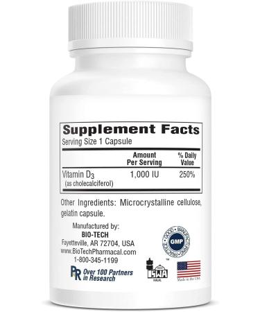 Bio-Tech Pharmacal Vitamin D3 1k IU 250 Count - Standard Packaging - Buy Online on GoSupps.com