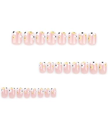 French Tip Press on Nails - Short Square Press On Nails with Nail Tips Yellow and white small flowers Design Glossy Naked Pink press on nails Acrylic False Nails Cute Artificial Nails - Buy Online on GoSupps.com