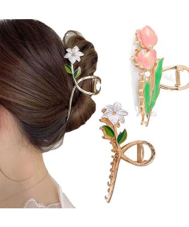 AUONY Hair Clips for Thick Hair  2 PCS Large Metal Hair Clips Tulip Hair Clips Flower Hair Claw Clips Women Nonslip for Thicken Hair Curly Straight Long Hair (Tulip+Lily)