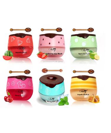 FYEBOO Fruit Lip Mask Set with Honey & Vitamin E Moisturizing Overnight Treatment Effective Reduces Lip Lines Prevention Dry and Cracked (6 Flavors)