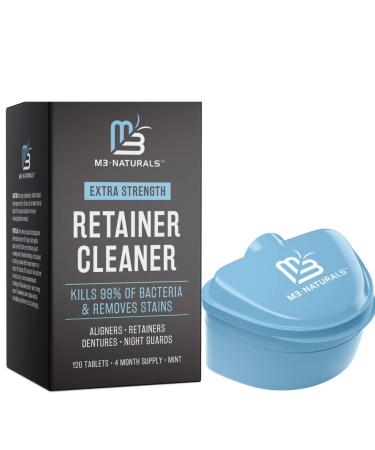Retainer Cleaner Tablets and Denture Bath Case M3 Naturals 4 Month Supply Denture Cleaner for Retainers + Bath Case