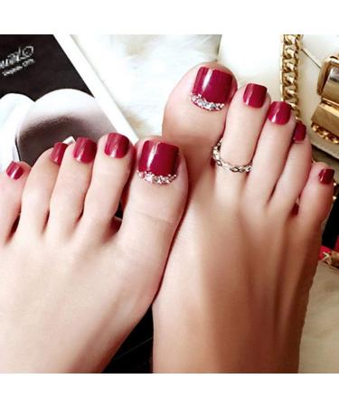 Uranian Rhinestone Glossy Red Press on Toesnails - 24pcs Full Cover False Toe Nails for Women and Girls - Buy Online on GoSupps.com