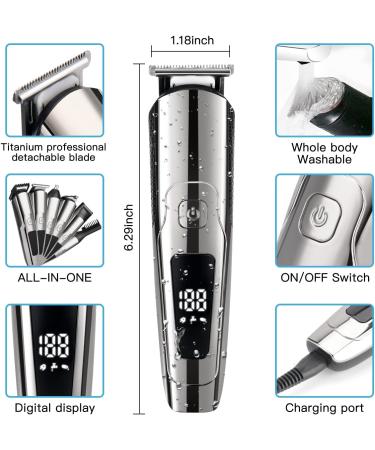 6-in-1 Beard Trimmer Kit for Men - Cordless Electric Hair Clipper with LED Display, Waterproof, USB Rechargeable - Silver - Buy Online on GoSupps.com