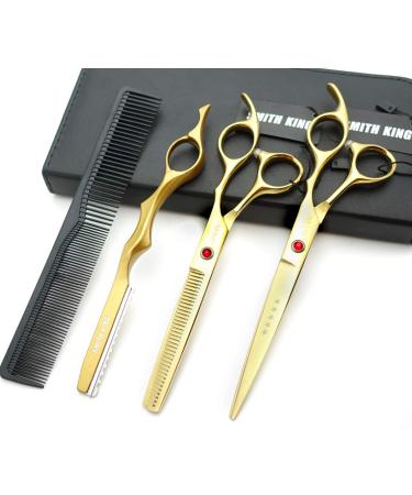 7.0 inch hair scissors set hair cutting scissors & thinning scissors with razor combs in 1 set gold
