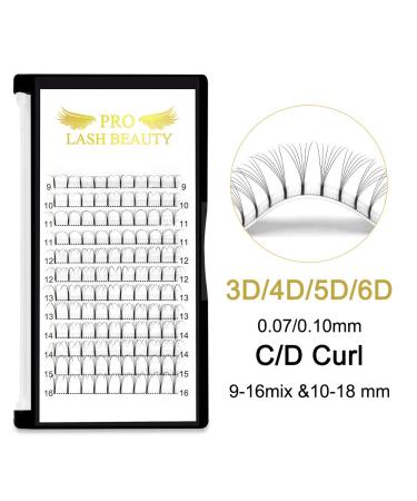 Premade Volume Eyelash Extensions 6D Long Stem Fans .07 .10 - C D Pre made Lash Fans Mix 9-16 (10mm) - Buy Online on GoSupps.com