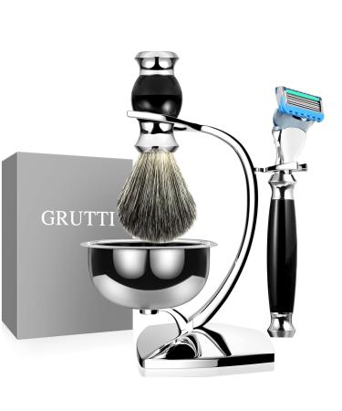 Grutti Premium Razor brush set with razor plane stand and shaving bowl and shaving shell and shaving brush roof hair imitat and wet razor men (compatible with fusion 5) gift sets for men compatible with fusion 5 set-black