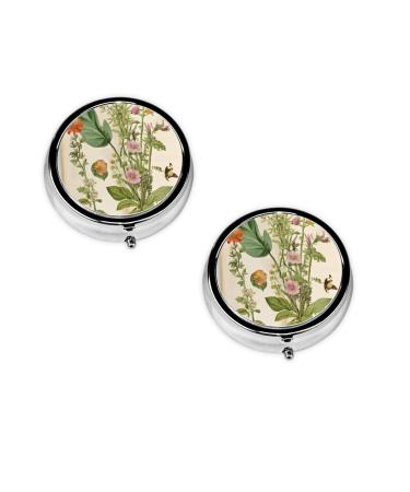 (Floral in The Old Book) Round Pill Box 3 Compartment Pill Box Mini Decorative Pocket Purse Portable Travel Medicine Tablet Vitamin Holder Organizer Pill Case