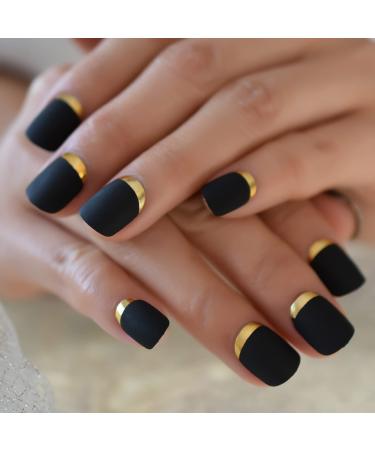 Black Matte Press On Nails With Designs Easy French Manicure Faux Ongles Decoration Fake Stick On Nails For Women Gold Metallic Moo