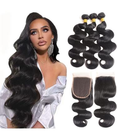 Peruvian Bundles with Closure Wet and Wavy Bundles(14 16 18+12)100% Unprocessed Virgin Human Hair 3 Bundles with 4x4 Lace Closure with Baby Hair Free Part Body Wave Human Hair Extensions Body Wave Bundles with Closure 14 16 18+12Closure
