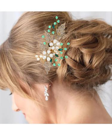 Green Beads Wedding Hair Clips | Gold Pearl Flowers Bride Barrettes - Buy Online on GoSupps.com