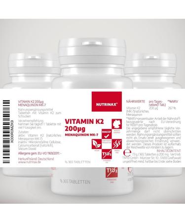 Nutrinax Vitamin K2 200 g - 365 Vegan Tablets | Menaquinone MK7 | Lactose-Free | No Magnesium Stearate | Made in Germany - Buy Online on GoSupps.com
